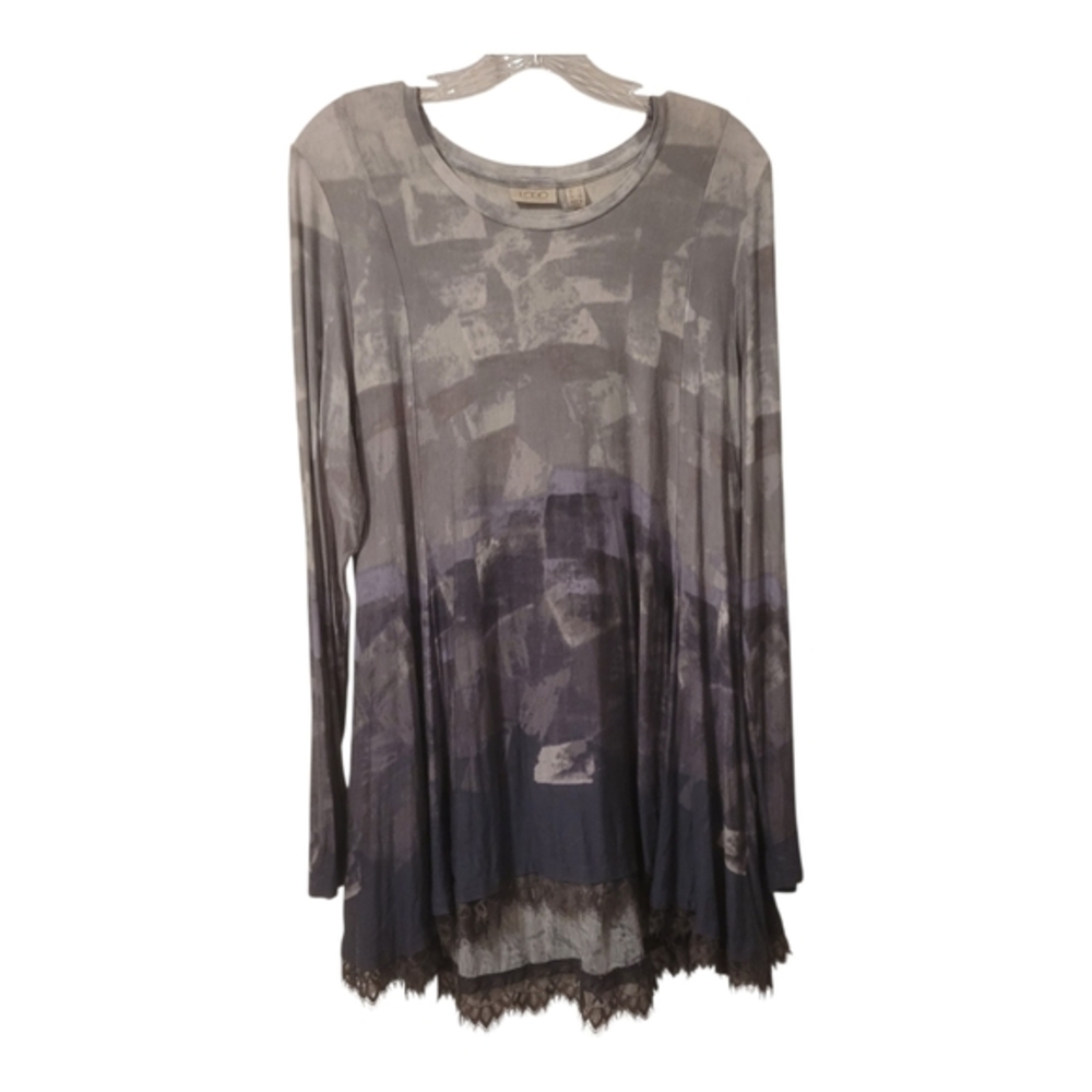LOGO Lori Goldstein QVC Printed Swing Top Lace at‎ Hem Blue Grey tunic pockets